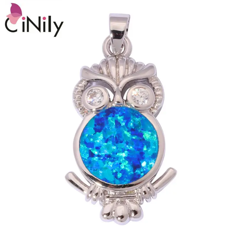 

CiNily Created Blue Fire Opal Cubic Zirconia Silver Plated Wholesale Lovely Cute Owl for Women Jewelry Gift Pendant 1" OD6321