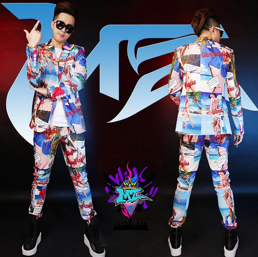 Free Shipping Europe Fashion Dj Hip-hop Rock Men Singer Performance Stage Costume Mens Printing Blazer Bar Hair Stylist Suit | Мужская