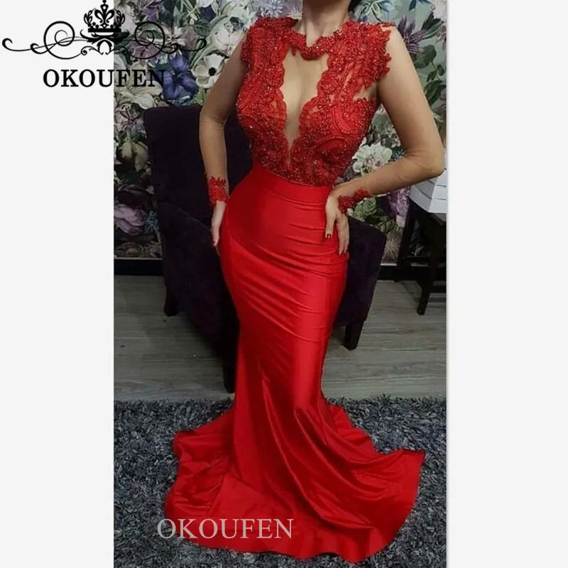 Изысканная красная прозрачная Выпускные платья с длинными рукавами 2019 кружевное