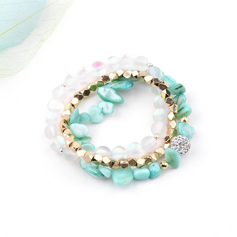BOJIU 3 Pcs/Set Multilayer Women Bracelets Natural Irregular Stretch Shell Gold-color Copper Labradorite Bracelet Lady BCSET242 | Украшения