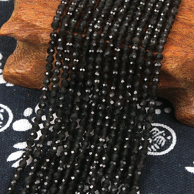 

2mm 3mm Natural Black Obsidian Round Faceted Gemstone Loose Beads DIY Accessories for Necklace Bracelet Earring Jewelry Making