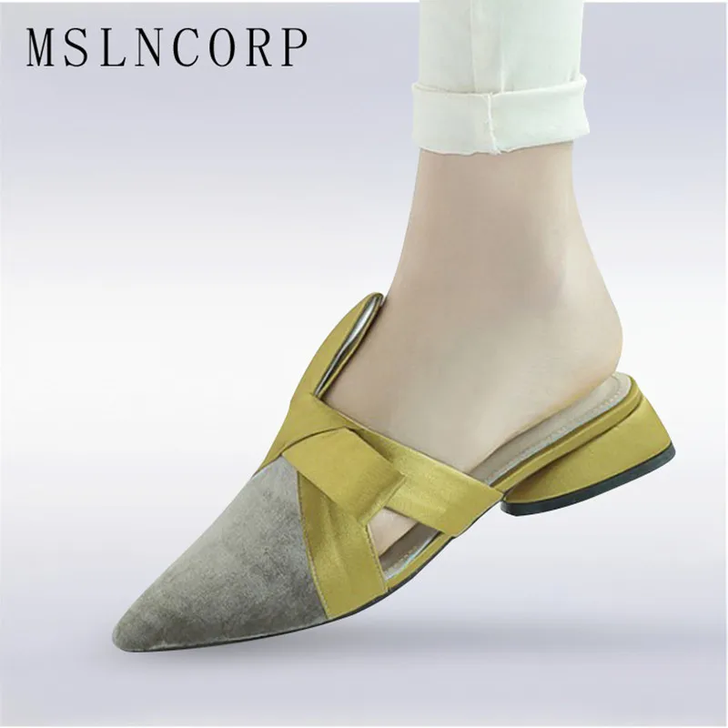 

size 34-43 Spring Genuine Leather Bowknot Pointed Toe Flat Women Slippers Slip On Riband Butterfly Casual Shoes Outdoor Slides