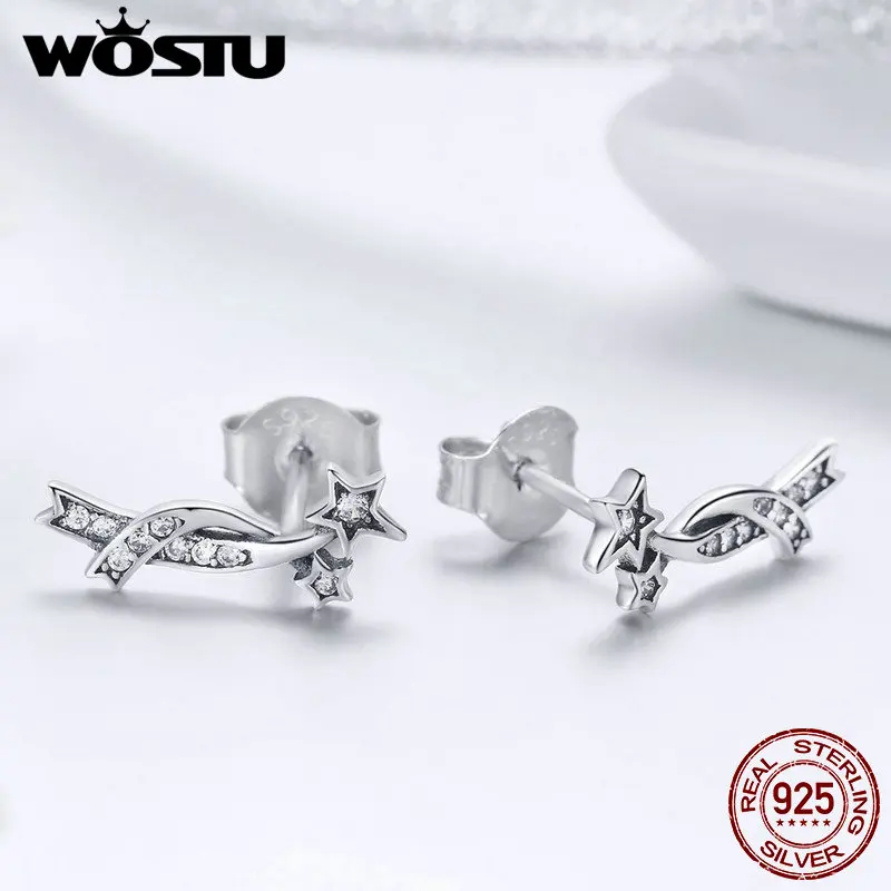 WOSTU Настоящее серебро 925 пробы сверкающие серьги-гвоздики со звездой для женщин