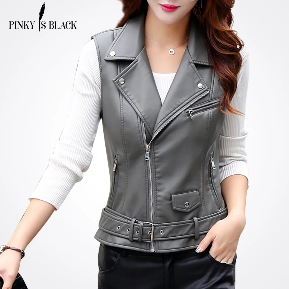 PinkyIsBlack Women PU Leather Vest Ladies Tactical Leather Motorcycle Vest Pocket Vest Waistcoat Female Sleeveless Waistcoat