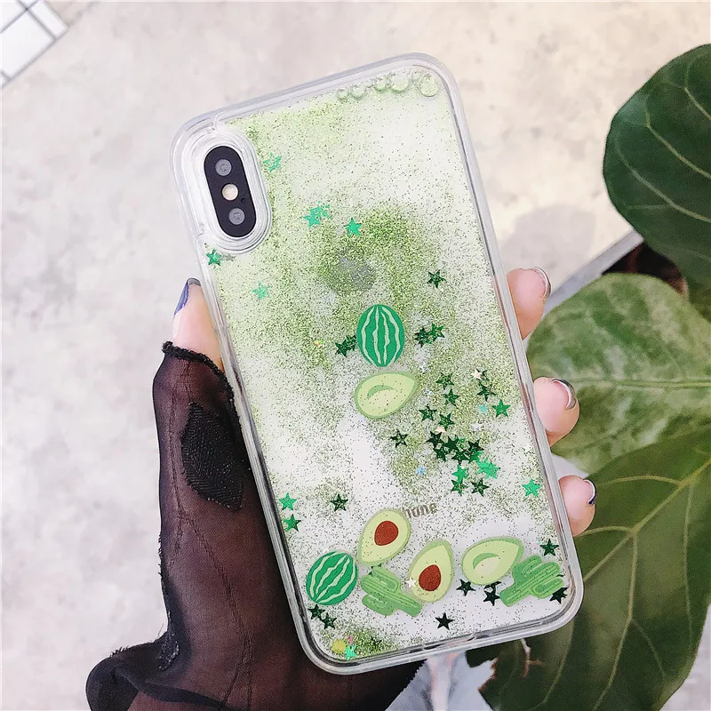 PC + TPU жидкий зыбучий песок чехол для iphone X XR XS Max мультфильм арбуз кактус авокадо 8 7