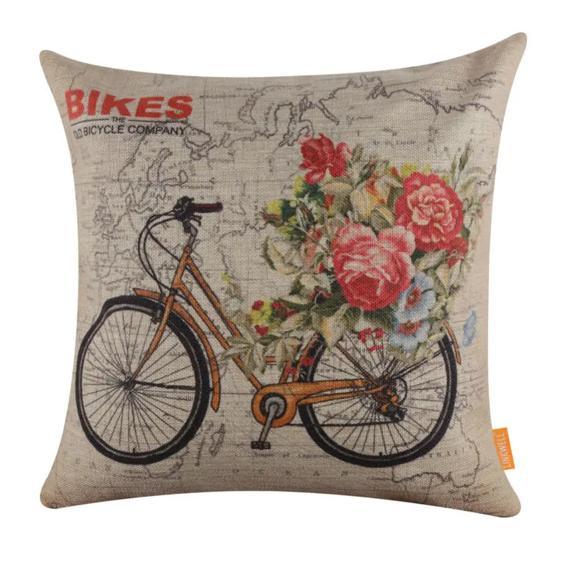 LINKWELL 45x45 см потертая шикарная карта мира Желтый велосипед с цветами льняные