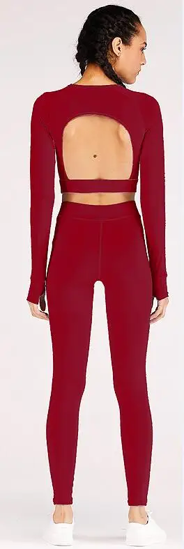 wine red Женский комплект для йоги с длинным рукавом и открытой спиной, штаны для фитнеса и бега, одежда для спортзала, тренировочный костюм, спортивные костюмы, женский комплект для бега - Цвет: wine red