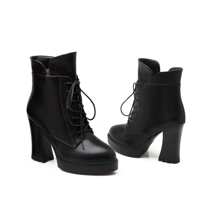 WETKISS Platform Ankle Boots Women Lace Up Motorcycle Booties Round Toe Zip Shoes Female High Heels Thick Ladies Winter | Обувь