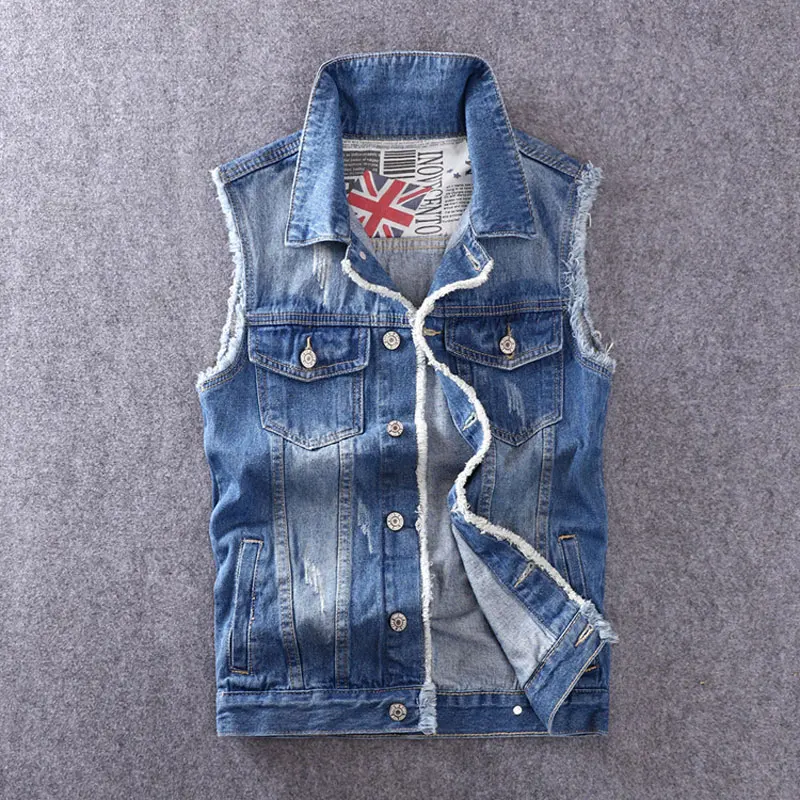 

Korean Style Fashion Men Vest Blue Slim Fit Sleeveless Jacket Men British Patch Design Hip Hop Denim Vest Homme Colete Masculino