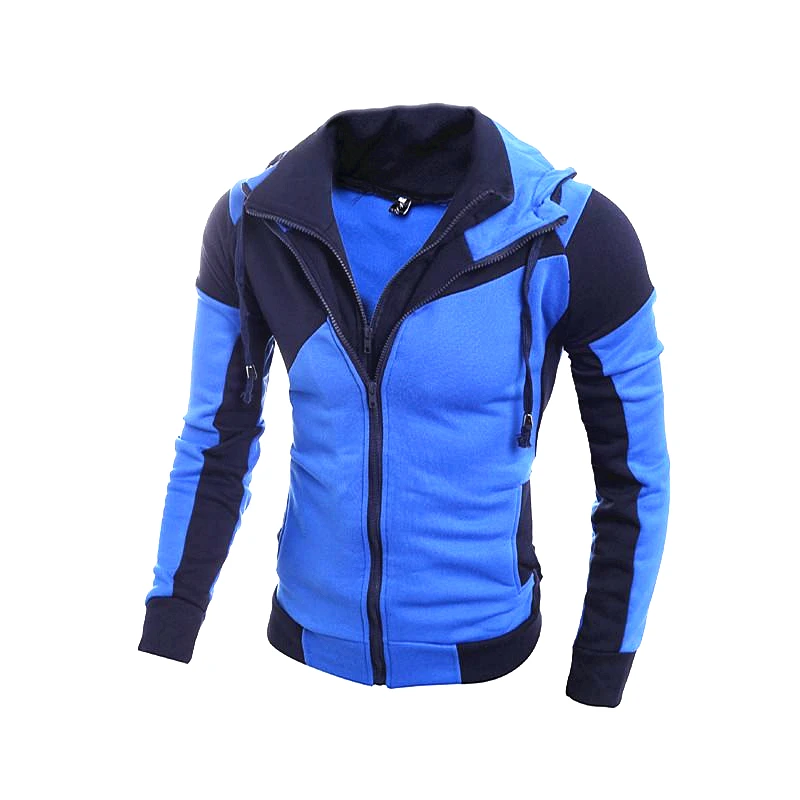 

XingDeng Men's fashion double zipper hooded cardigan sweater new personality color matching Slim jacket cotton top coat