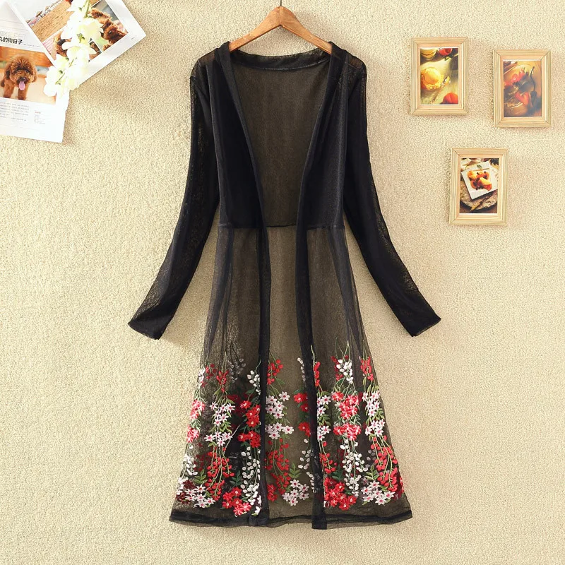 Женский кардиган с цветочной вышивкой повседневный свободный тонкий кружевом