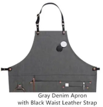 GrayDenimBlackStrap Черный серый джинсовый фартук с кожаным ремешком для парикмахера, парикмахера, художника, флориста, рабочая одежда бариста, бармена, пекаря, барбекю, шеф-повара, униформа K37 - Цвет: GrayDenimBlackStrap