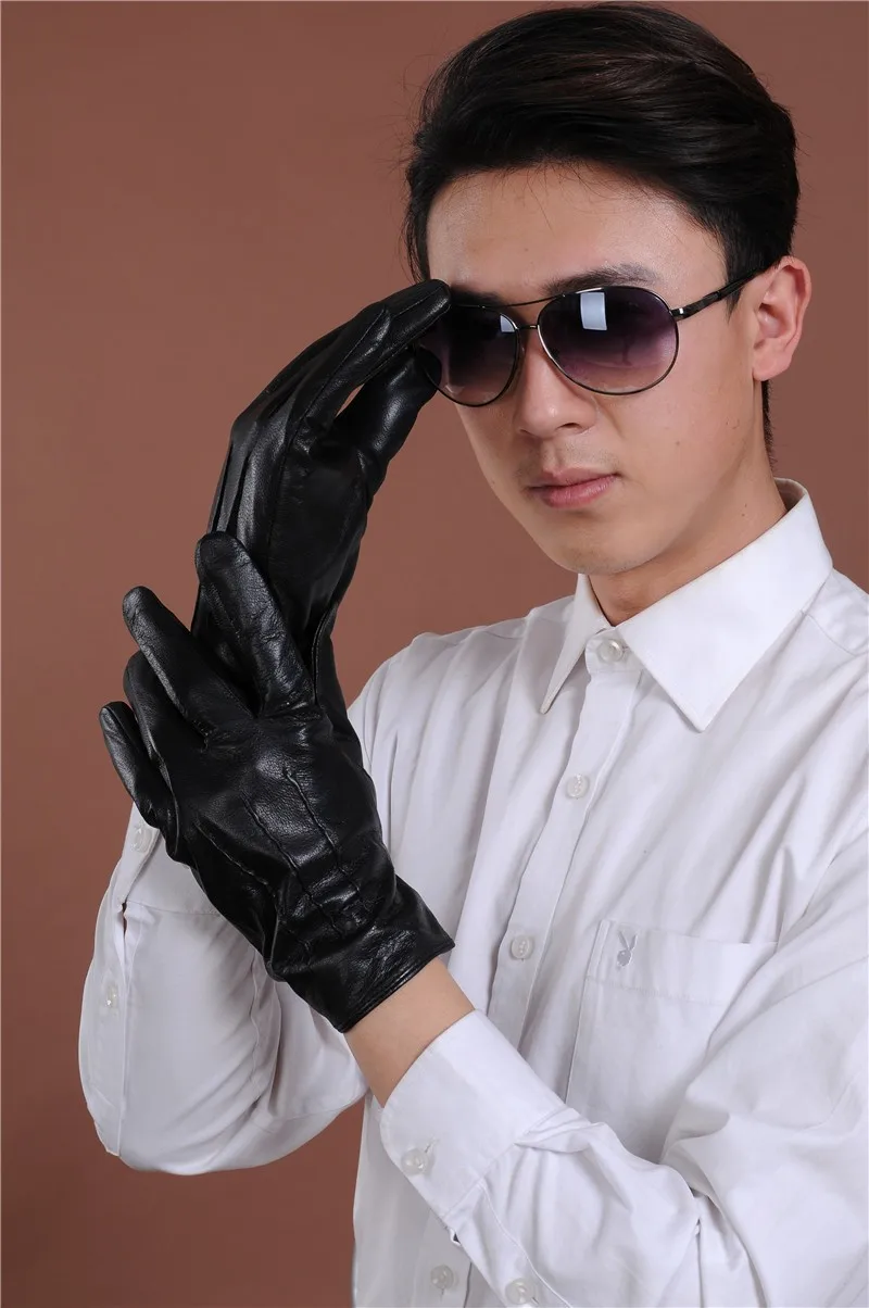 Мужские кожаные перчатки черные зимние из овечьей кожи мужские ветрозащитные