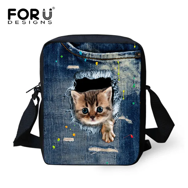 CA4912E FORUDESIGNS/женские сумки-мессенджеры, 3D джинсовая сумка на плечо с изображением животных, сумки с милым котом, сумки-мессенджеры, Детская сумка через плечо для девочек - Цвет: CA4912E