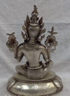 Free Shipping 002025 10&quot Tibet Silver Buddhist Style Bronze Lotus Green Tara Buddha Statue Sculpture | Дом и сад