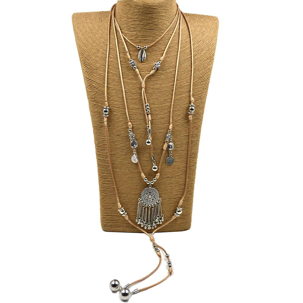 

New Handmade Thong Wax Cord Statement Long Necklace Bohemian Heavy Metal Tassel Pendant Necklace