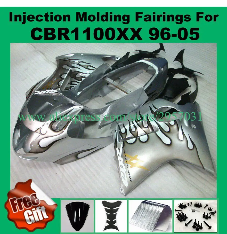 

Free screws+gifts Fit for Honda CBR 1100XX 1996 - 2007 Injection ABS Bodywork CBR1100XX 96-07 Black Flames Silver motorcycle