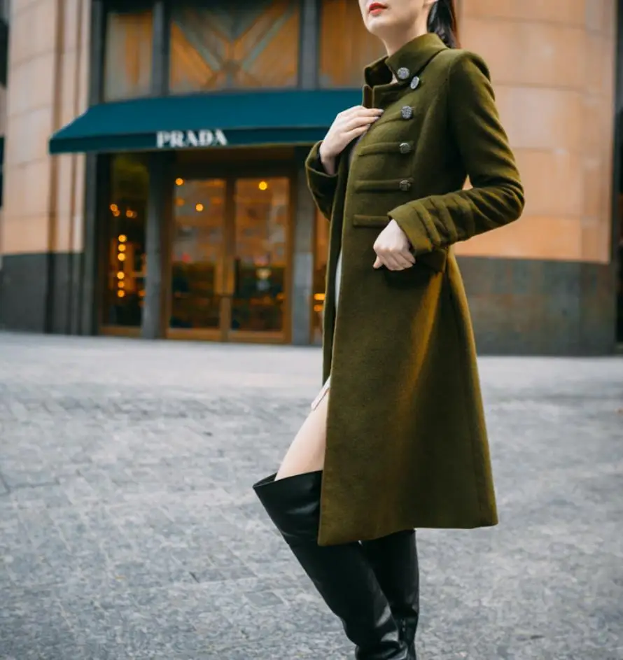 Plus szie 2XL модное приталенное двубортное зимнее кашемировое шерстяное пальто в