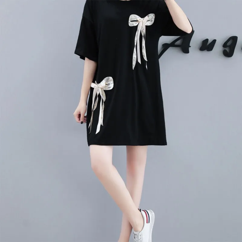 Женское летнее платье стиль лаконичное повседневное свободное платье с бантом femme Декор Круглый воротник средний рукав платья
