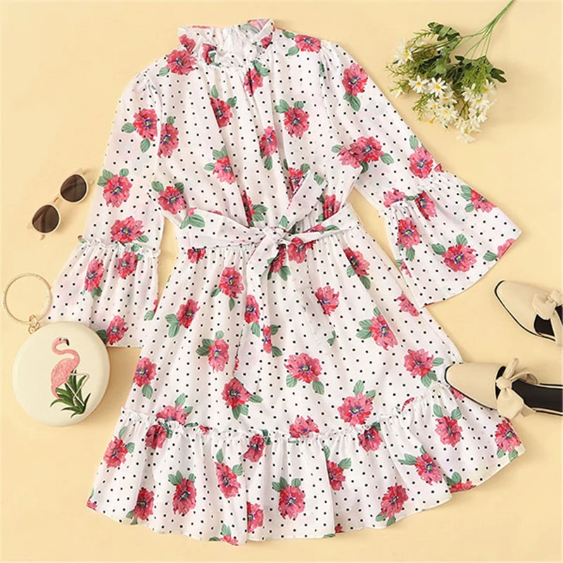 Dotfashion, белое платье в горошек с воротником-стойкой и поясом, с рукавами-колокольчиками, Женская винтажная одежда, весна, бохо, короткое платье трапециевидной формы