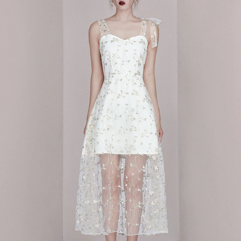 Max Spri 2019 New Style Women Dress V Neck Floral Spaghetti Strap Sleeveless Lace Up A-line Summer White Office Lady | Женская одежда