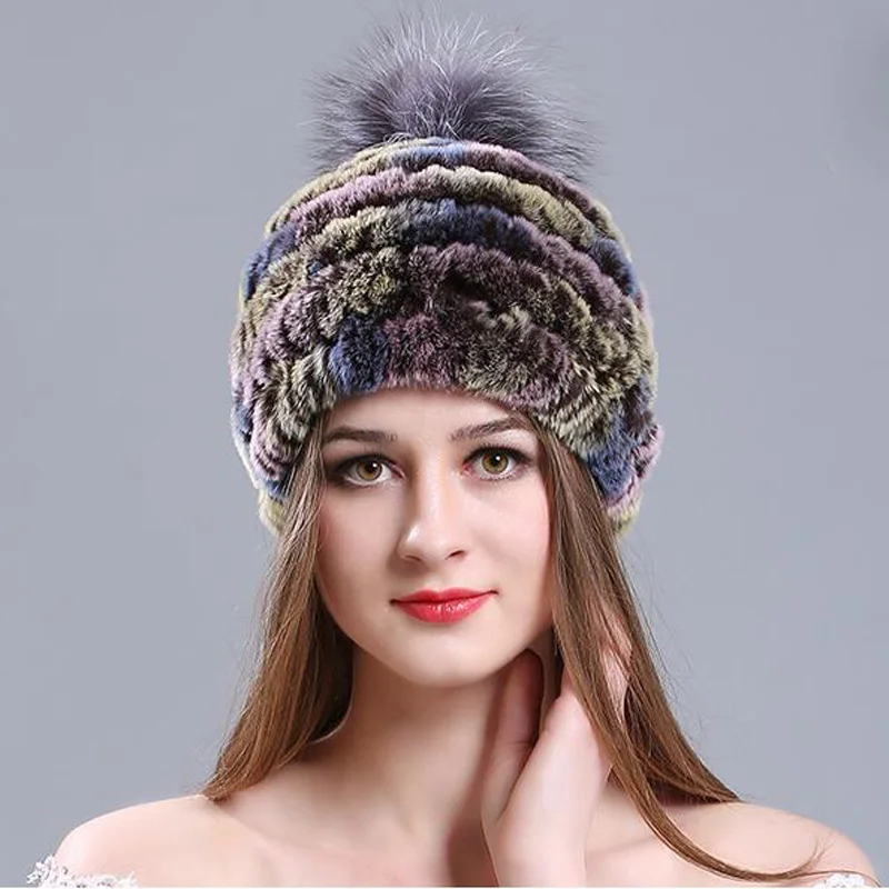 

Knitted Women Wrasse Rabbit Fur Hat Autumn Winter All Match Warm Fox Fur Top Female Cap Trend Warm Thermal Skullies BeaniesMZ064