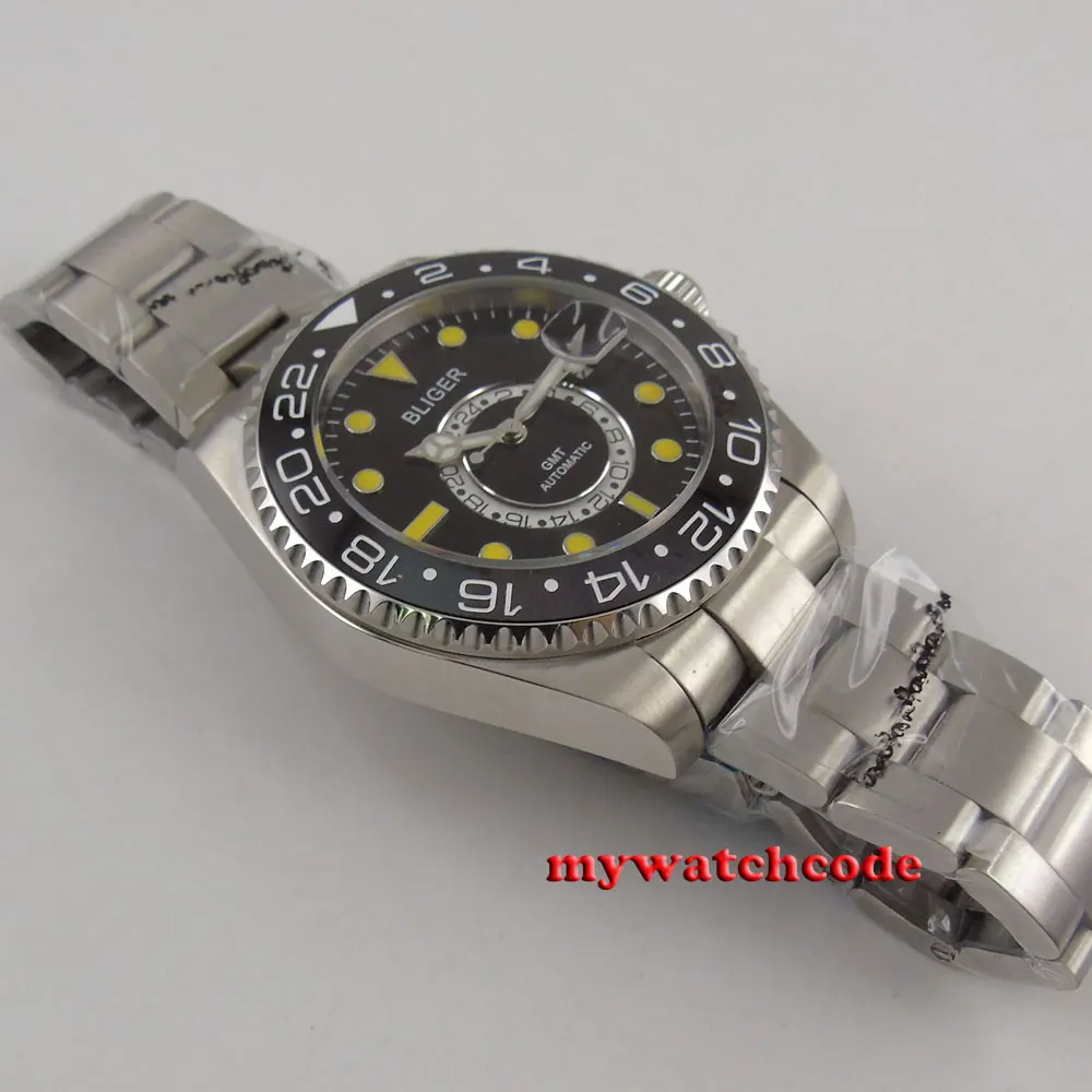 43mm bliger black dial ceramic bezel GMT sapphire glass automatic mens watch 208 | Наручные часы