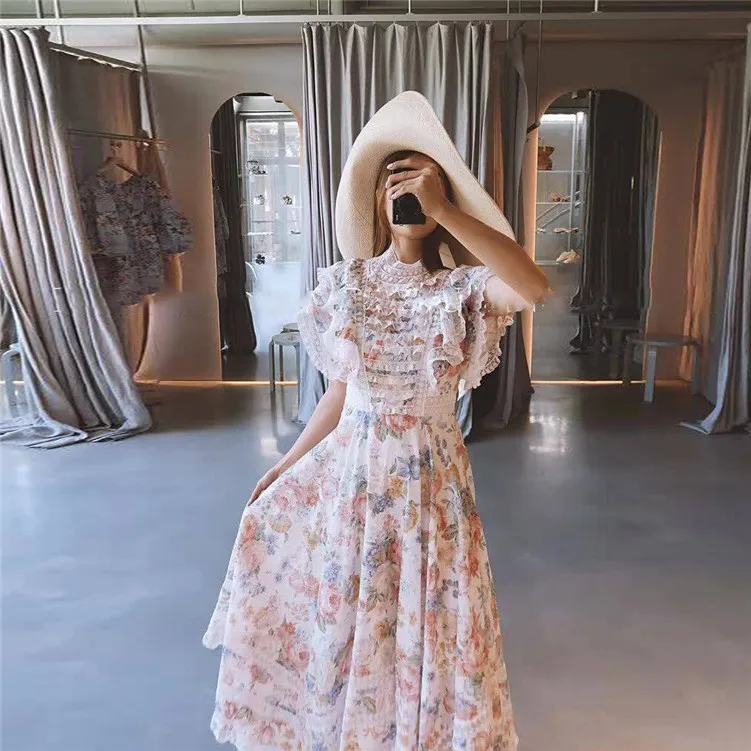 New 2020 Summer Women Elegant Floral Printed Ruffles Lace Chiffon Patchwork Pleated Long Dress High Quality Runway E800 | Женская одежда