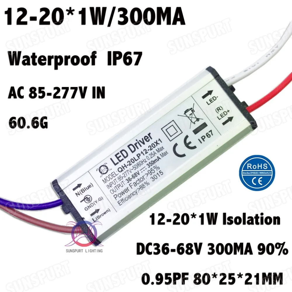 3 шт. Водонепроницаемый 20 Вт AC85-277 В светодиодный драйвер 12-20x1W 300mA DC36-68 в Светодиодный источник питания постоянный ток для потолочной лампы Бесплатная доставка