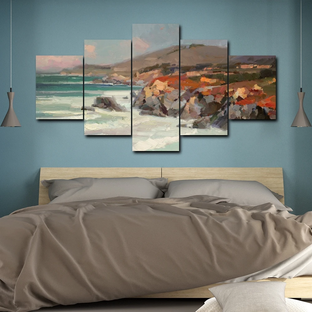 Laeacco 5 Panel Posters and Prints Natural Scenery Seaside Wall Art Canvas Painting Kitchen Home Living Room Decoration | Дом и сад