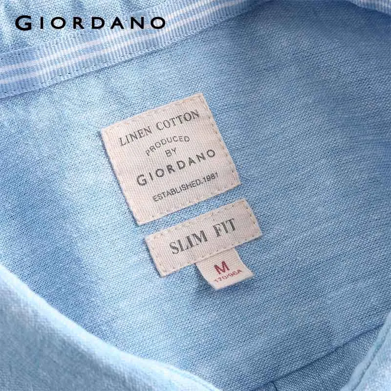 Giordano Мужская рубашка льняное с короткими рукавами карманом приталенная