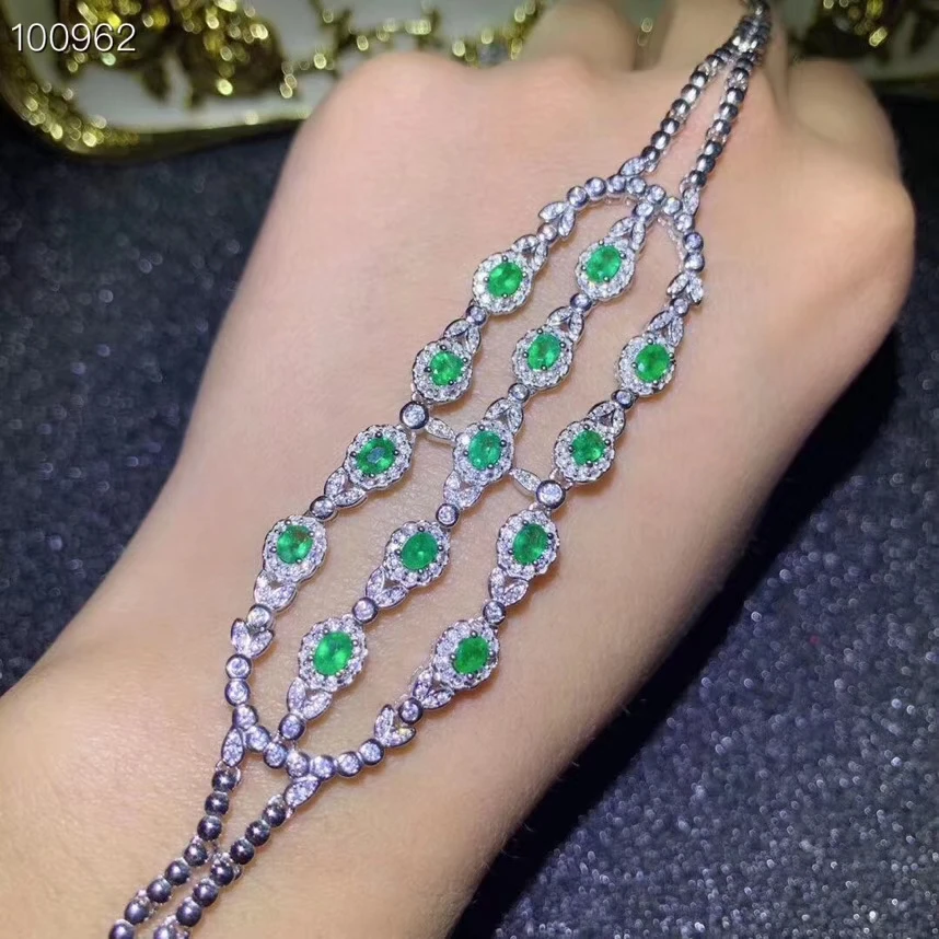 

S925 silver natural green emerald gem bracelet natural gemstone bracelet Luxurious big Row chain women party gift fine jewelry