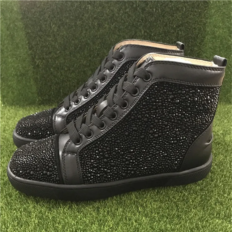 Black Leather SHOOEGLE/мужские кеды со стразами; цвет красный, золотой, белый; ботильоны на шнуровке со стразами; zapatillas hombre; Повседневная обувь; мужские EU39-EU47 - Цвет: Black Leather