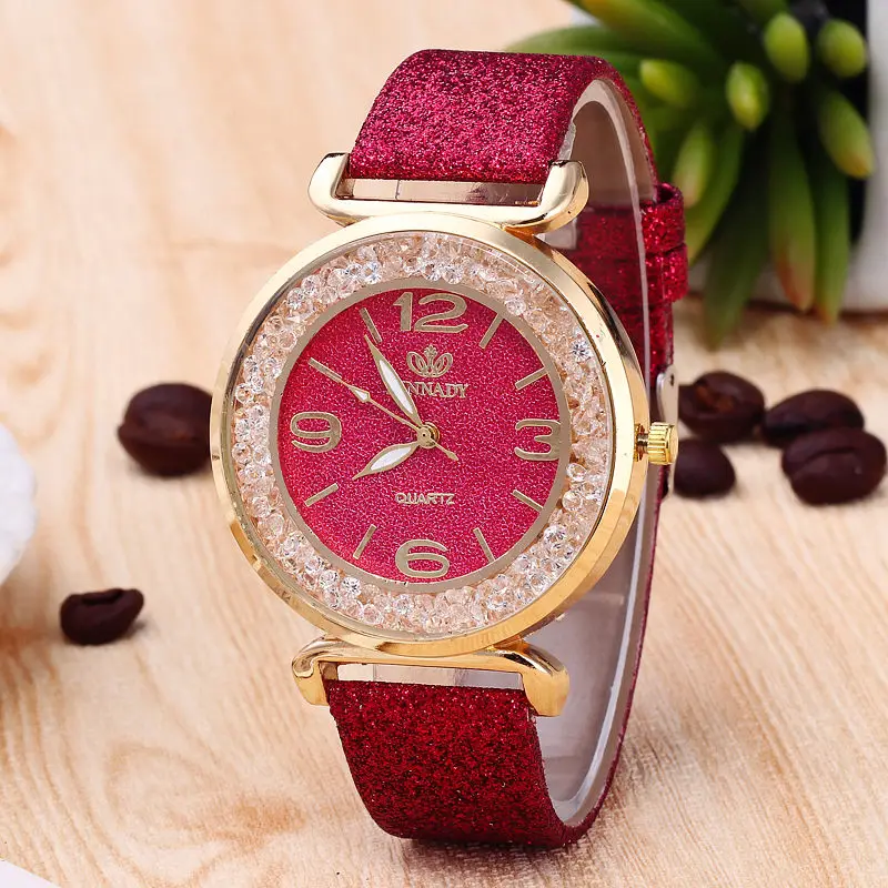 RINNADY Brand Crystal Ball Big Dial Fashion Watch Woman Shiny Red Leather Ladies Watches For Women Montre Femme Drop-Shipping | Наручные
