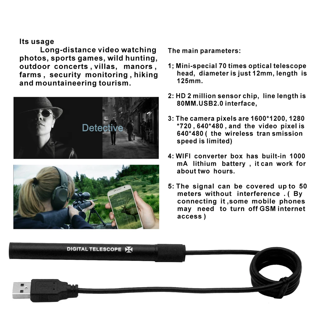Умный WIFI цифровой USB зарядный телескоп охотничий Монокуляр Регулируемая