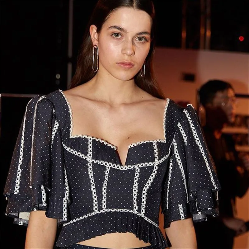 Топ с пышными рукавами для женщин v образным вырезом вышивка полосатый свитер