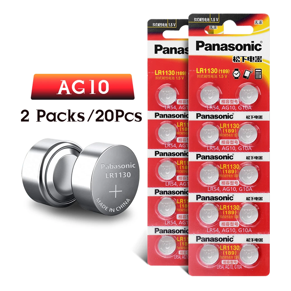 20 шт./лот Panasonic Батарея сотовый 1,5 V AG10 LR1130 Щелочная батарейка-кнопка AG10 389 LR54 SR54 SR1130W 189 LR1130 аккумуляторы таблеточного типа
