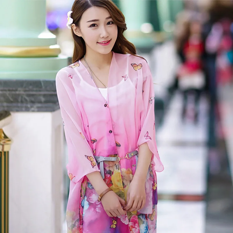 Летняя Пляжная накидка туники 2017 шифон кимоно блузки рубашки топы Femme Бабочка