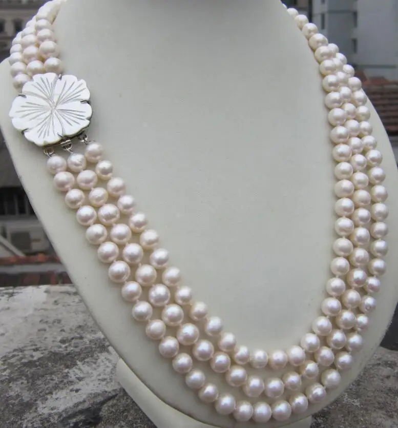 3 ROW 8-9MM natural south sea white Pearl Necklace 22-24'' t | Украшения и аксессуары