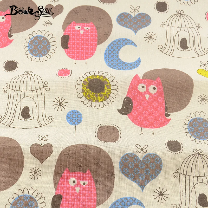 Ткань из хлопка и льна с изображением розовой совы для изготовления книг подушки