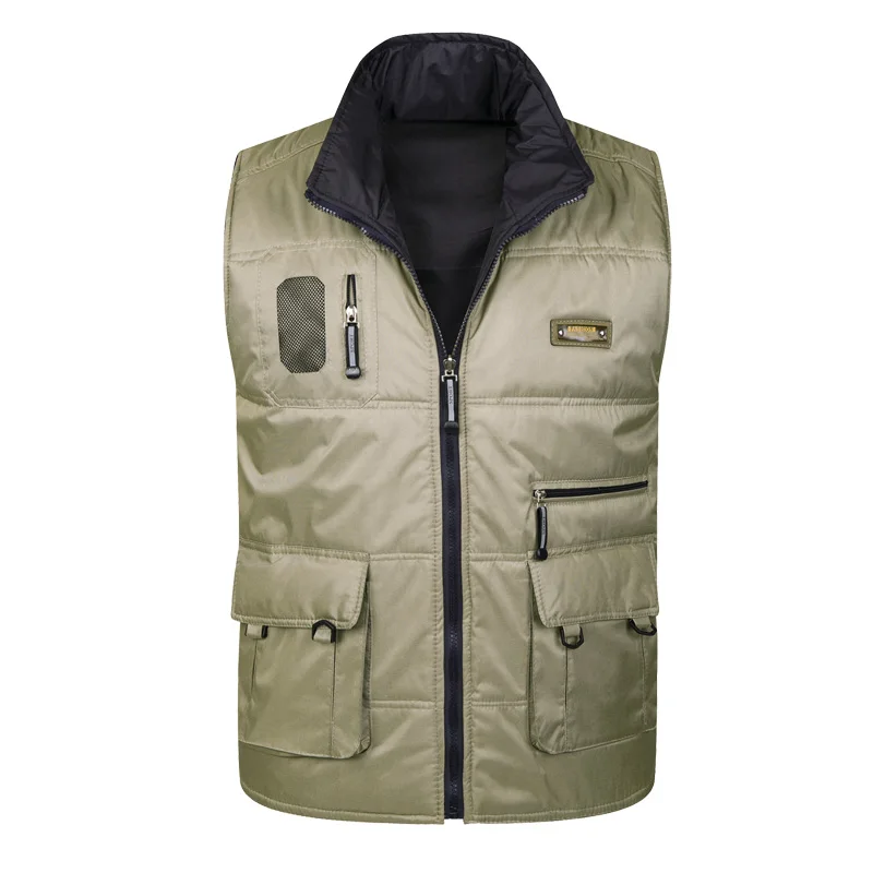 Men's new multi-pocket vest men's double-sided wear down cotton vest men's multi-pocket double-sided wear vest