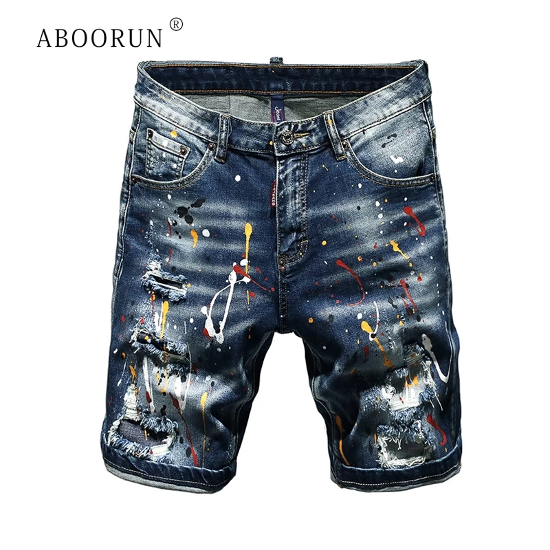 ABOORUN летние укороченные мужские джинсы Краски точка рваные Марка NEW Fashion Hi Street