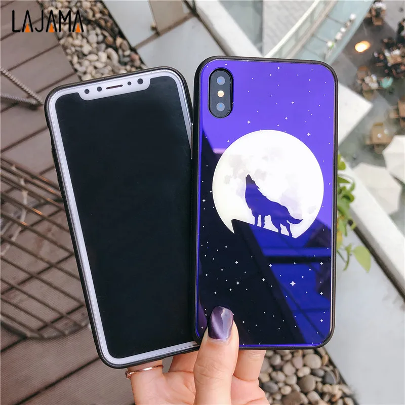 Lajama Luxury Blue Ray Wolf Tempered Glass Phone Case for iPhone 6 6S 7 8 Plus light Back Cover iphone X |