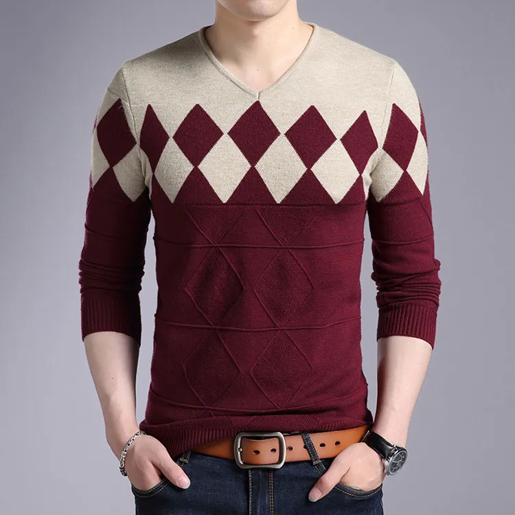 NIANJEEP 2018 свитер Для мужчин осень зима Slim Fit пуловеры ромбовидным рисунком v