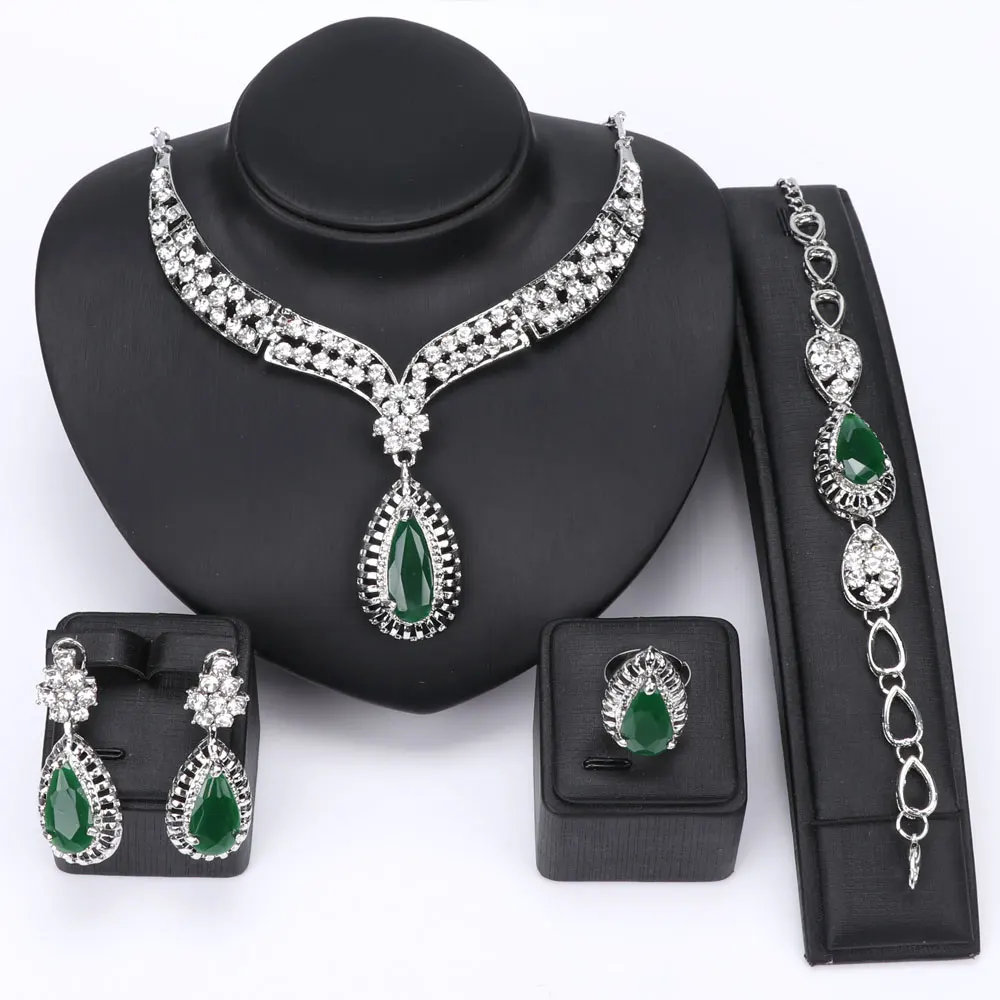 

Women Fashion Bridal Party Holiday Jewelry Set Necklace Earrings Bracelet Ring Crystal Rhinestone 3 Color Gem Party Jewelry Sets