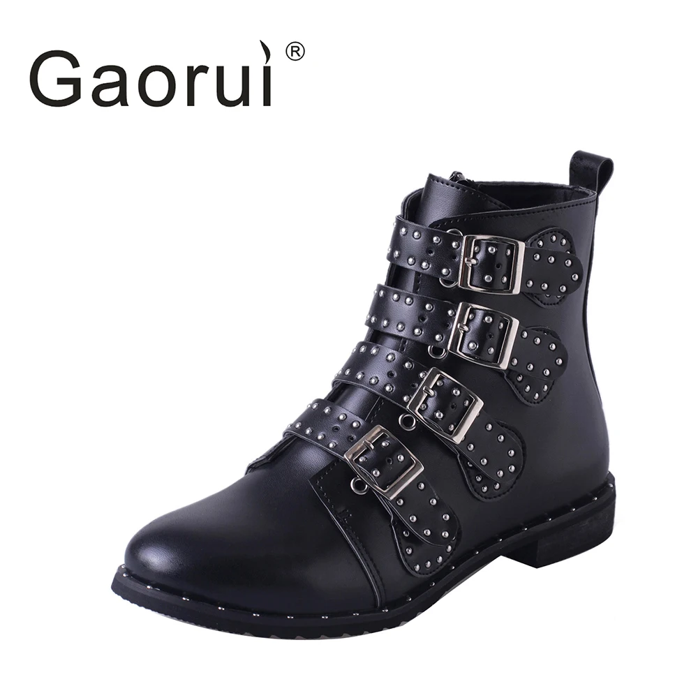 2017 Женская обувь черного цвета с ремешком и пряжкой в стиле панк ботильоны из