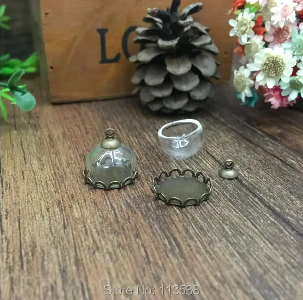 100sets/lot 15mm half glass dome setting tray set vial pendant jewelry globes necklace pendants bronze plated | Украшения и