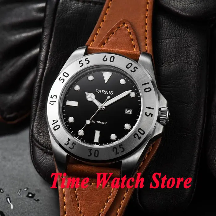 

Parnis 43mm black dial sapphire glass black brown leather strap 10ATM 21 jewels MIYOTA Automatic mens watch 428