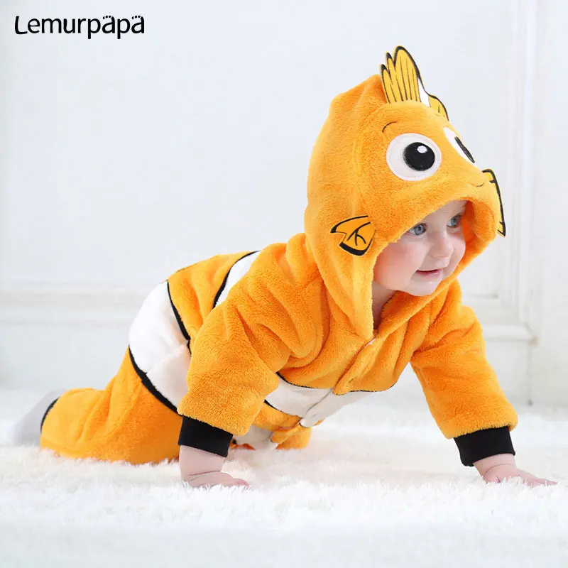 Kawaii/милый детский костюм RomperNimo для новорожденных; комбинезон для маленьких мальчиков и девочек; зимняя теплая одежда; костюм кигурумис с рисунком рыбы; Детский костюм