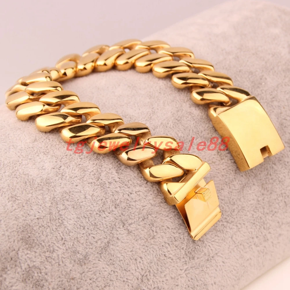

20mm Strong Men's Cuff Jewelry Decoration Trendy Style Gold Color Stainless Steel Curb Cuban Link Chain Bracelet&Bangle 8.66"
